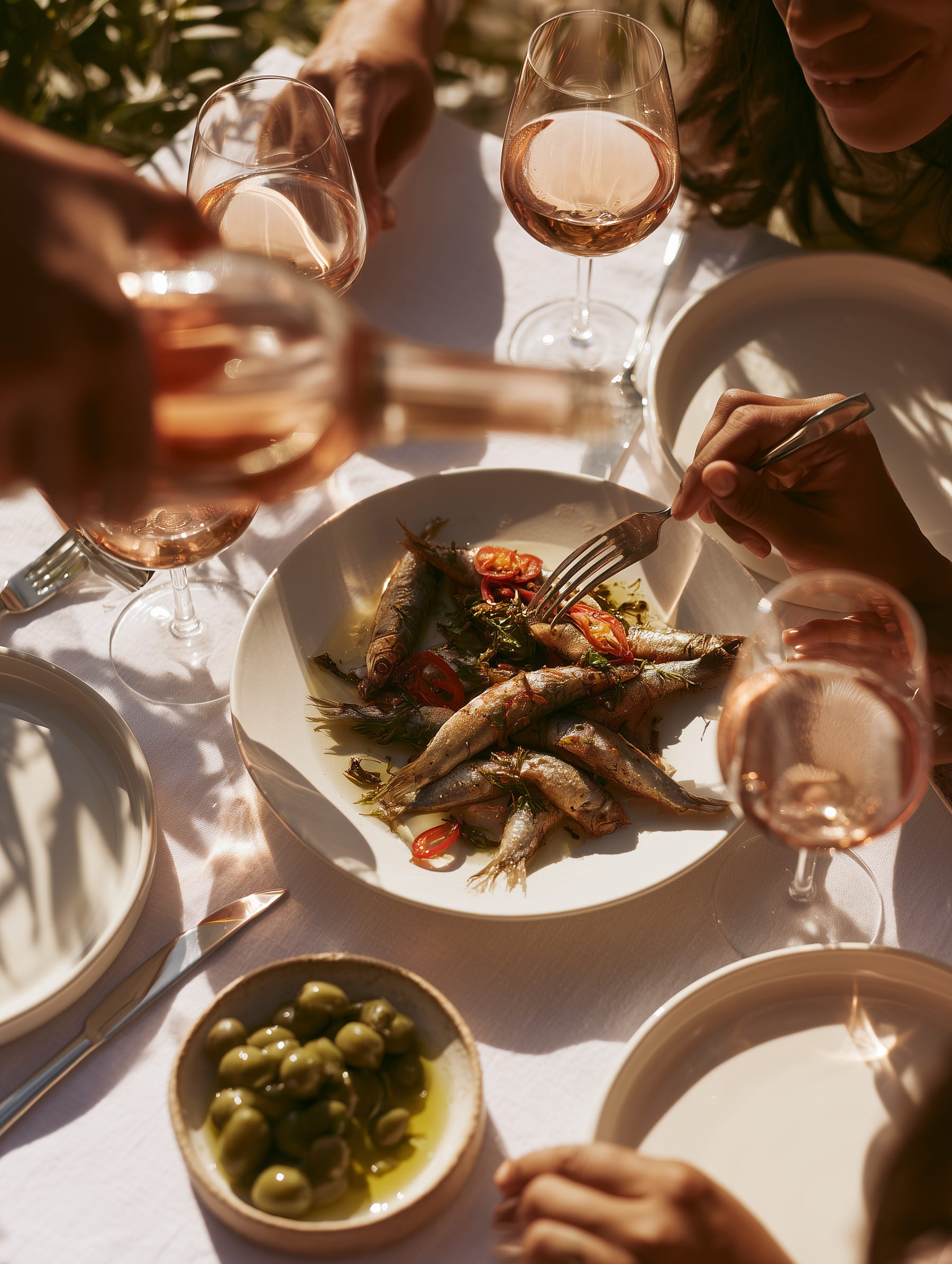 Gedeckter Tisch im Freien mit Pasta, Salat und Wein von oben fotografiert